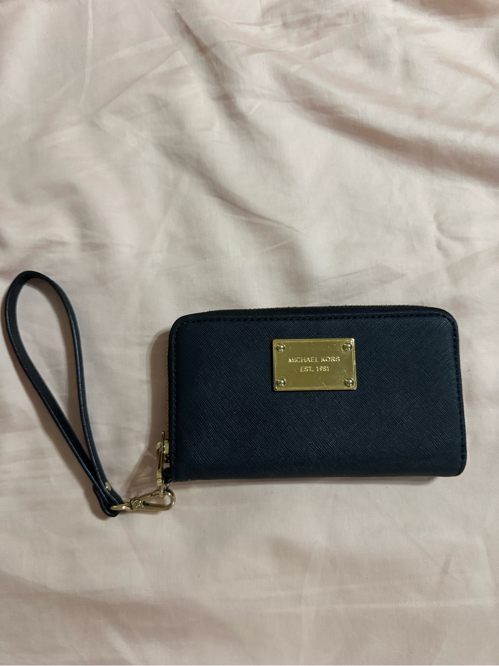 Michael Kors Black Saffiano Zip-Around Wristlet with Gold Plate